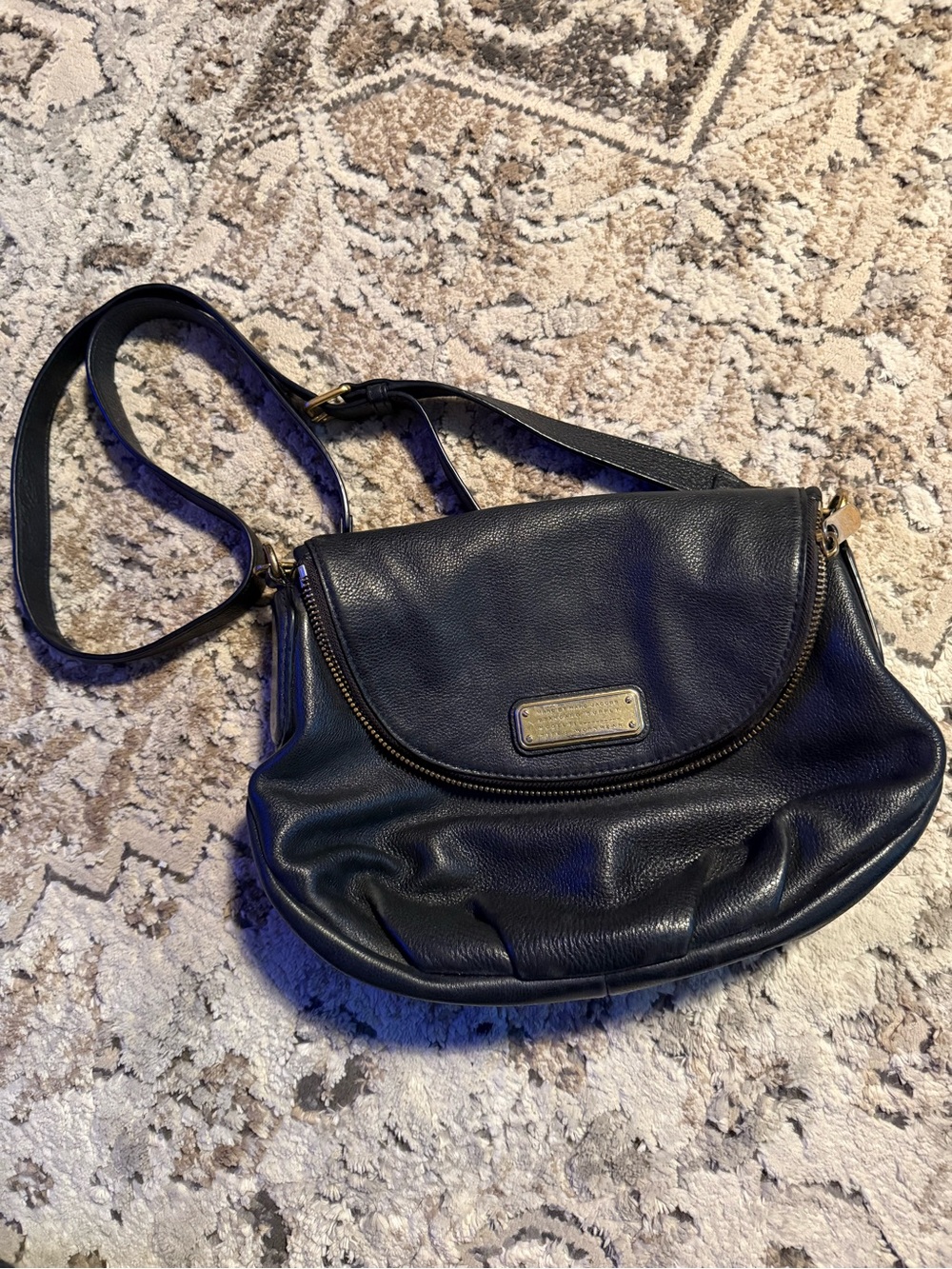 Marc by Marc Jacobs Navy Blue Pebbled Leather Crossbody with Gold Plaque